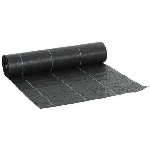 Black roll of outsunny heavy duty weed control membrane with green stitching lines for garden and landscaping use