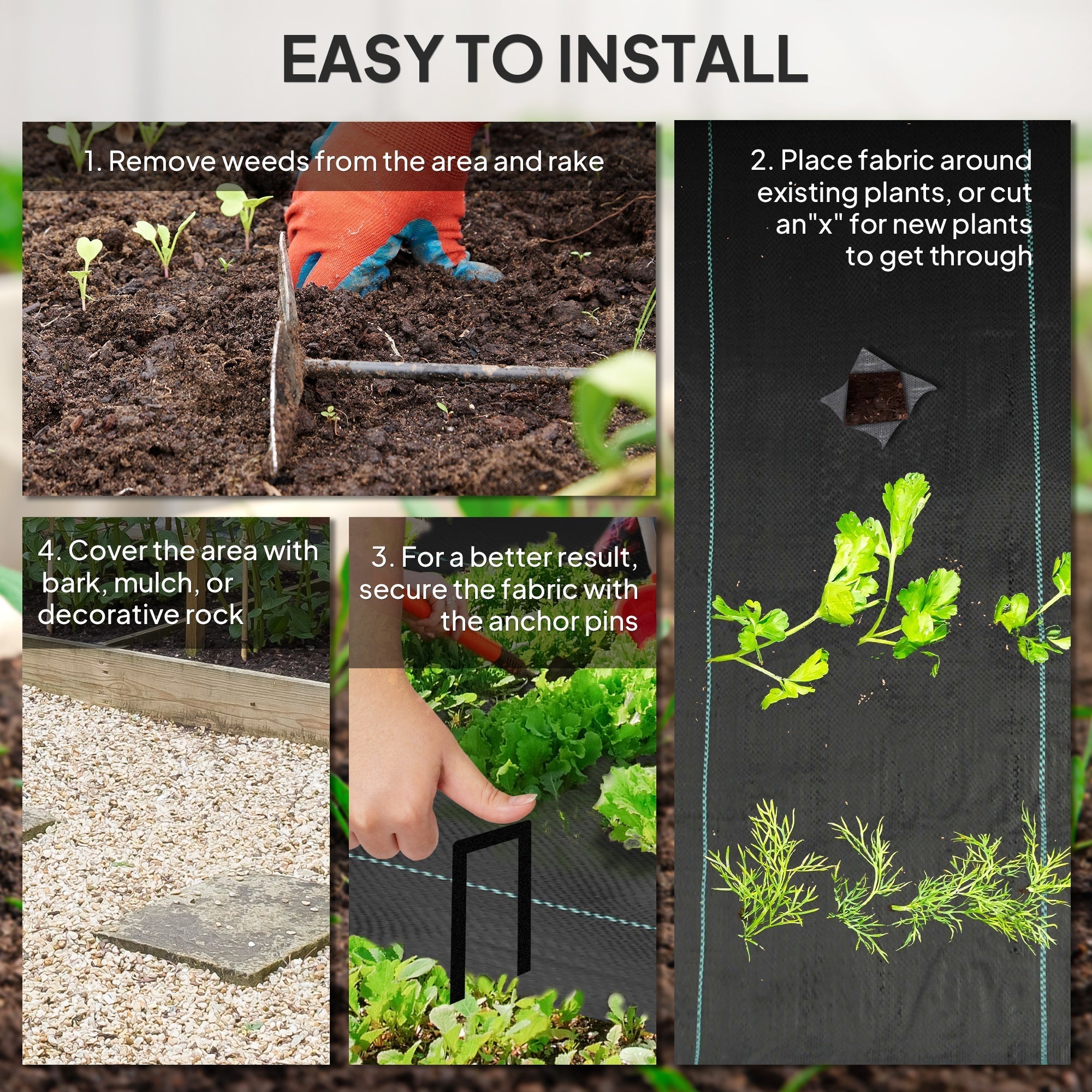 Black heavy duty weed barrier fabric with reinforced edges and pre-cut openings for garden weed control use