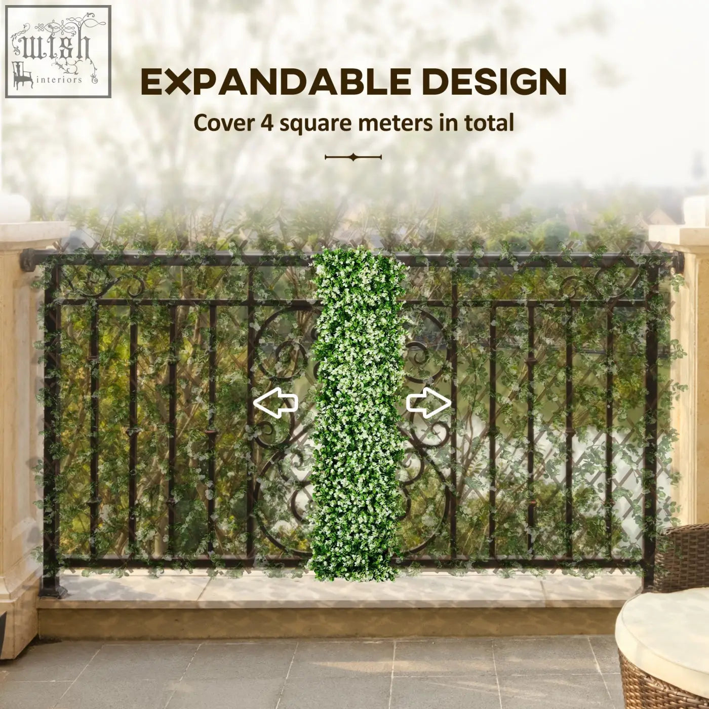 Green artificial ivy vine with plastic frame on black metal balcony railings for privacy screen and artificial hedge use