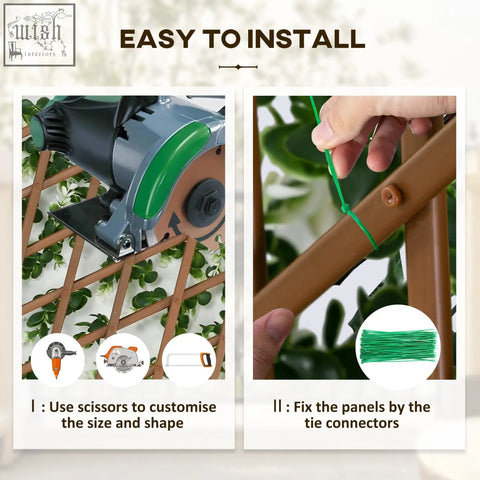 Brown plastic frame garden trellis with green tie connectors and power tool for installing artificial hedge privacy screen