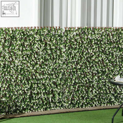 Outsunny 2pc expanding garden trellis with green and white artificial hedge on woven wooden plastic frame covering 2 square meters