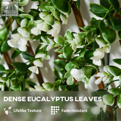 Lush artificial eucalyptus garland with vibrant green leaves on a plastic frame for a 2 square meters artificial hedge privacy screen