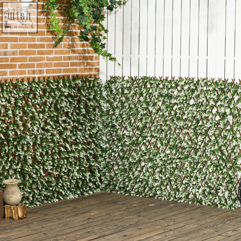 Green and white artificial ivy fence with plastic frame and woven lattice design for privacy covering 2 square meters