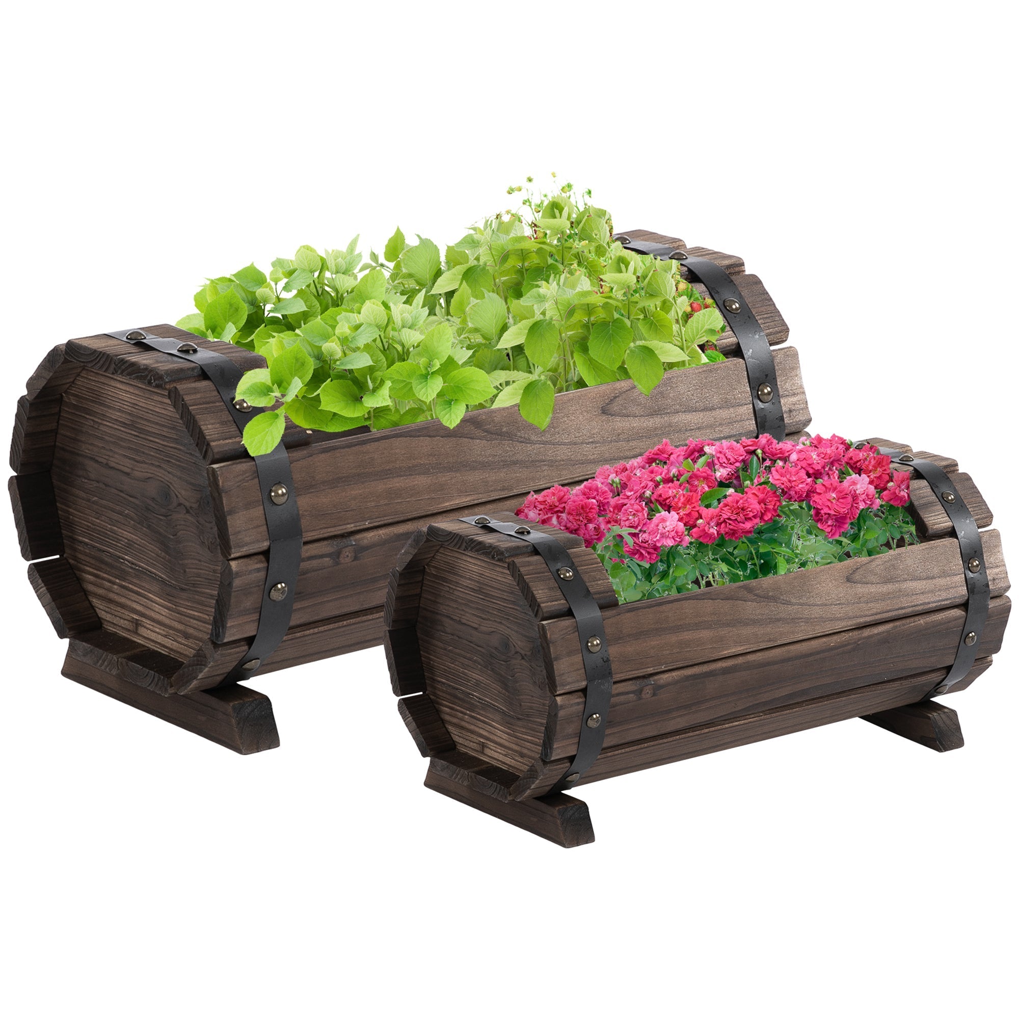 Dark brown wooden barrel planter boxes with black leather straps made from solid wood in carbonized colour for flower beds