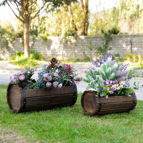 Dark brown wooden barrel planter boxes with black metal bands solid wood carbonized colour for flower beds outdoors