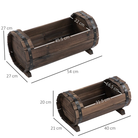 Dark brown solid wood planter box with black metal bands in carbonized colour ideal for flower beds outdoors