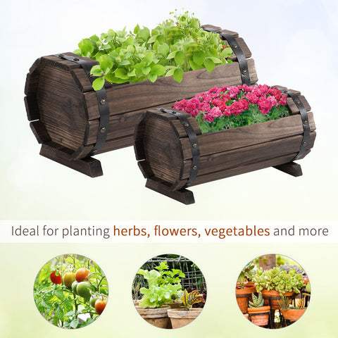 Dark brown wooden barrel-shaped planter boxes with black metal straps solid wood flower beds in carbonized colour