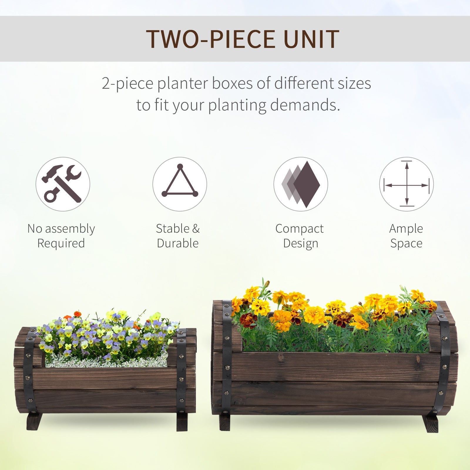 Dark brown wooden planter boxes with black metal straps featuring rustic solid wood design and carbonized colour for flower beds