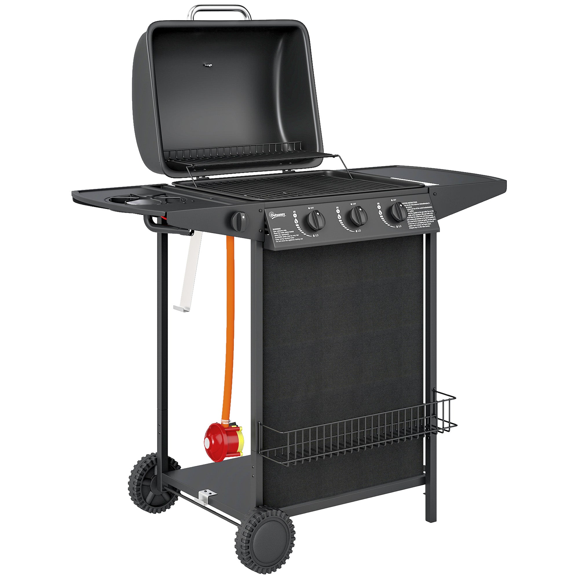 Outsunny black burner gas bbq grill with four burners, warming rack, spice rack, side shelf, and built-in thermometer for outdoor cooking