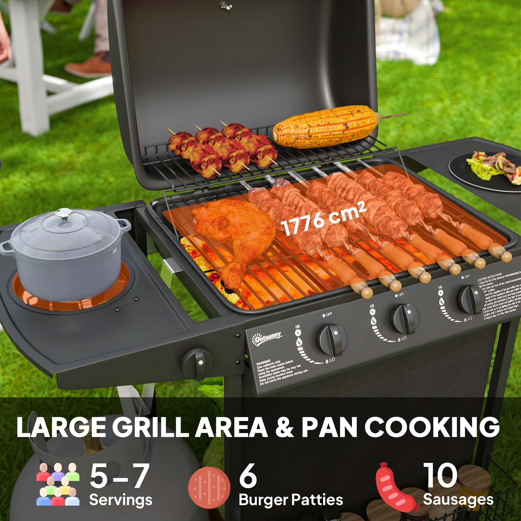 Black outsunny 3 plus 1 burner gas bbq grill with warming rack spice rack and side burner for outdoor cooking