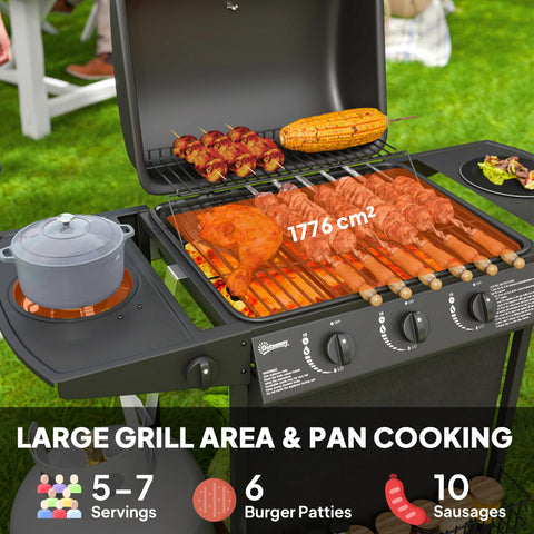 Black outsunny 3 plus 1 burner gas bbq grill with warming rack spice rack and side burner for outdoor cooking