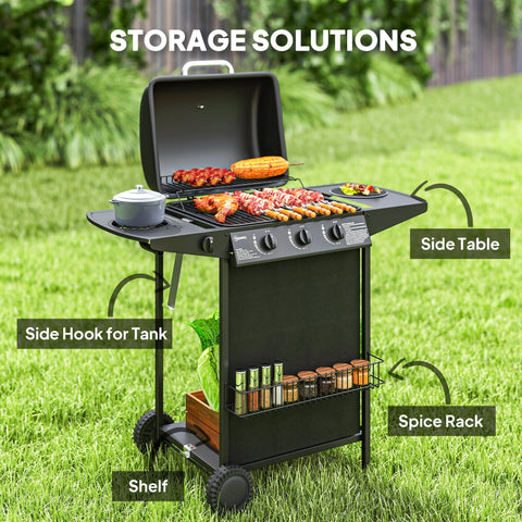 Black metal burner gas bbq grill cart with warming rack spice rack side table and shelf for outdoor cooking