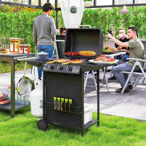 Black metal burner gas bbq grill with warming rack spice rack side shelves and wheels for outdoor cooking