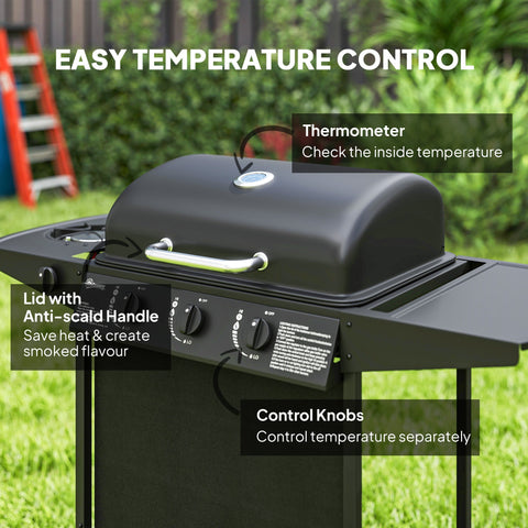 Black outsunny 3 burner gas bbq grill with silver handle warming rack spice rack and wheels for outdoor cooking