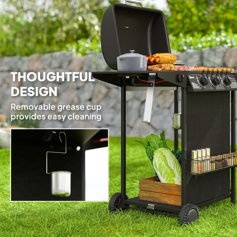 Black Outsunny 3 plus 1 burner gas bbq grill with spice rack side shelf warming rack and removable grease cup for outdoor cooking
