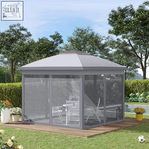 Gray octagonal outsunny pop up gazebo with mesh sides, solid roof, white patio furniture, carry bag included