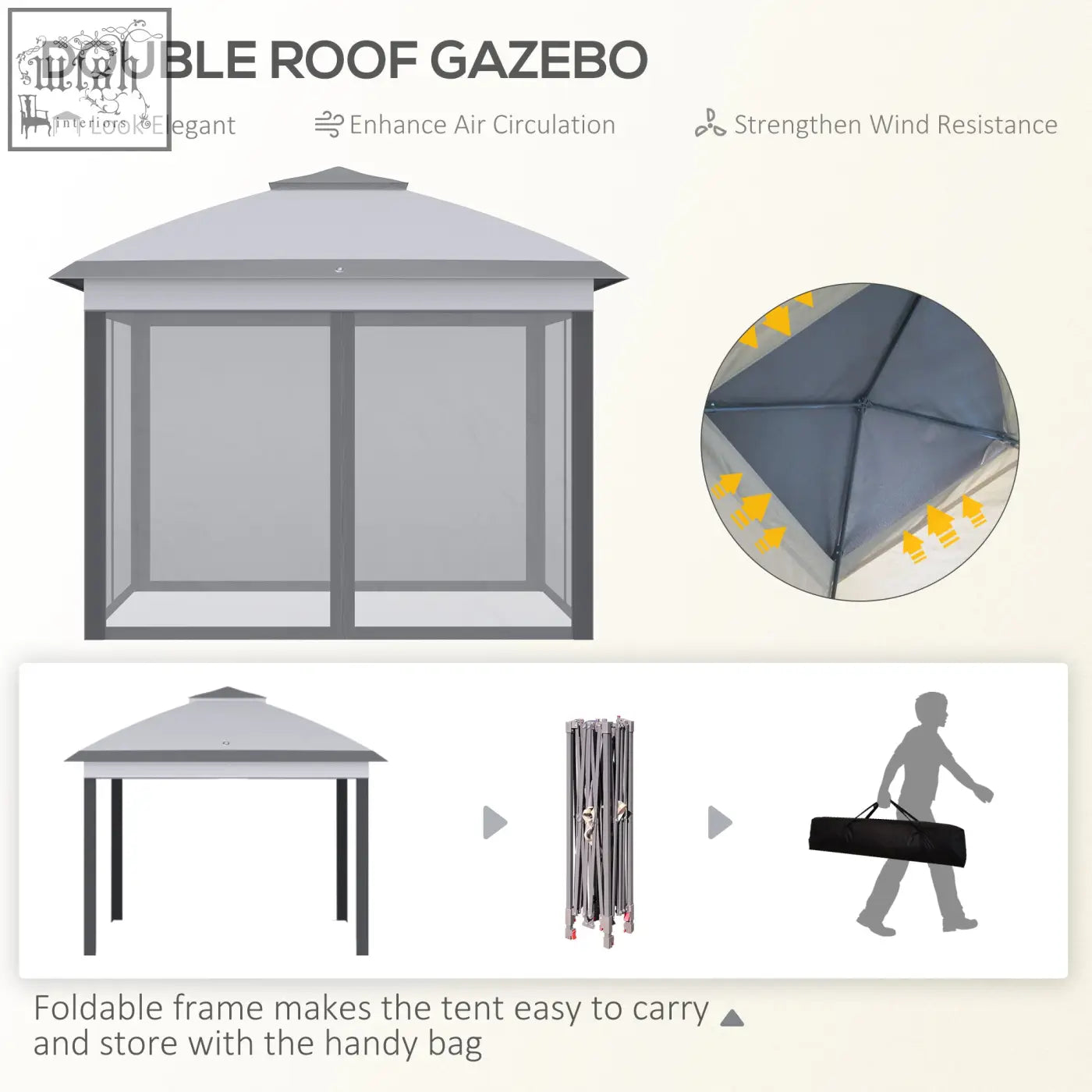 Gray outsunny pop up gazebo with double roof, foldable metal frame, fabric canopy, and carry bag included for garden use