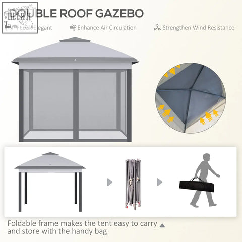 Gray outsunny pop up gazebo with double roof, foldable metal frame, fabric canopy, and carry bag included for garden use
