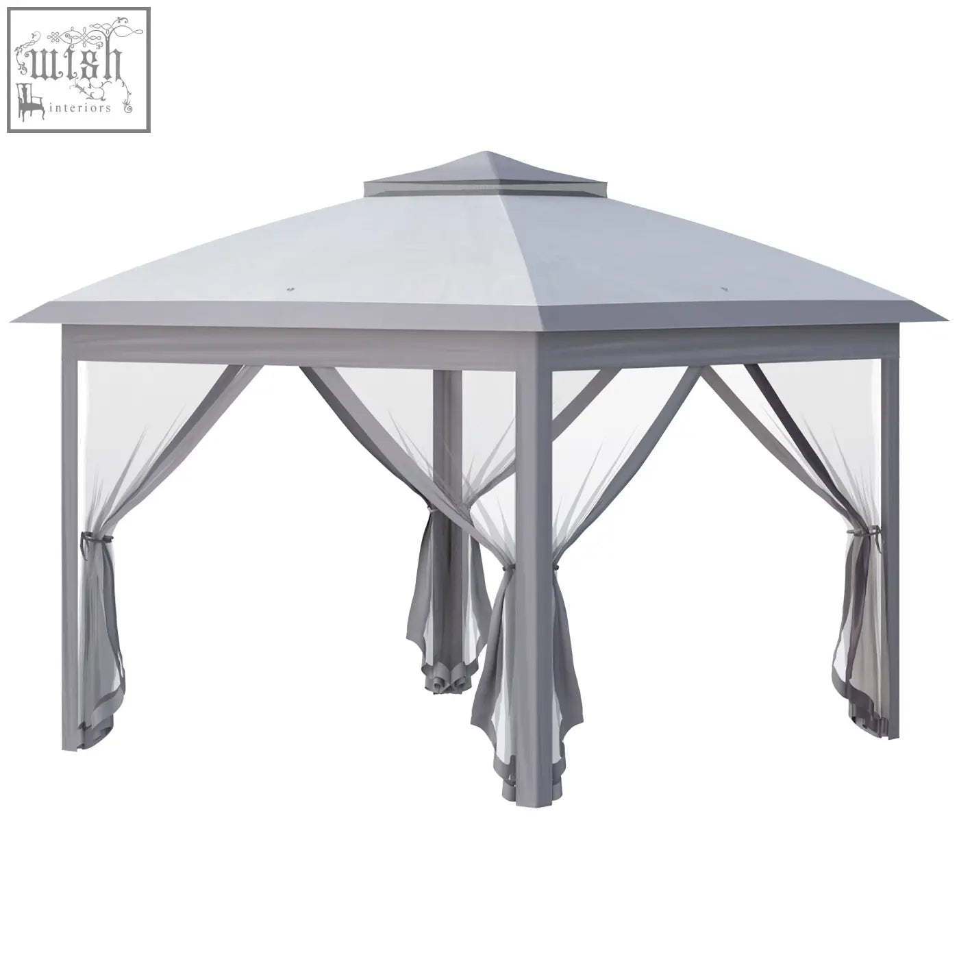 Gray metal outsunny pop up gazebo with white roof sheer gray curtains tied and carry bag included for easy transport