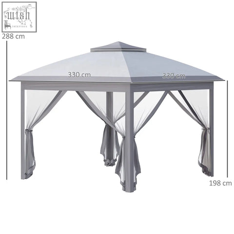 Gray metal outsunny pop up gazebo with square roof sheer curtains carry bag included and 12x ground stakes for garden use