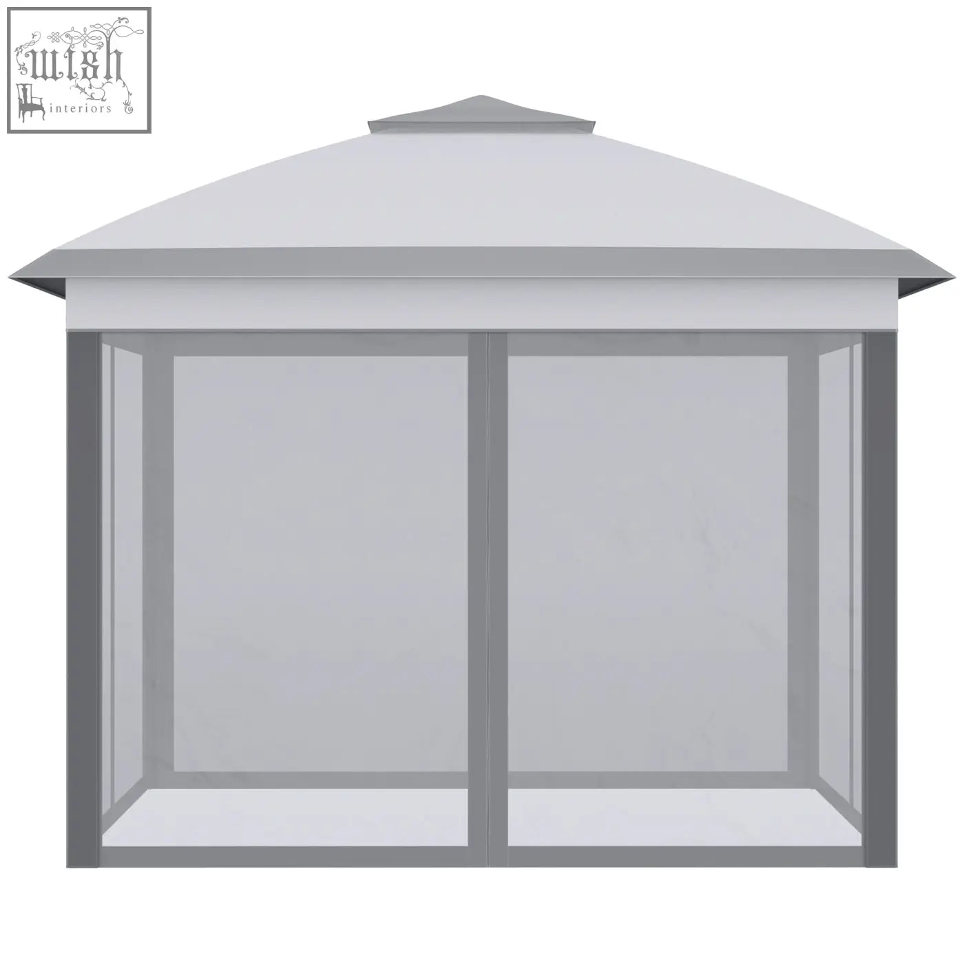 Gray metal outsunny pop up gazebo with peaked roof, transparent panels, carry bag included, and 12x ground stakes