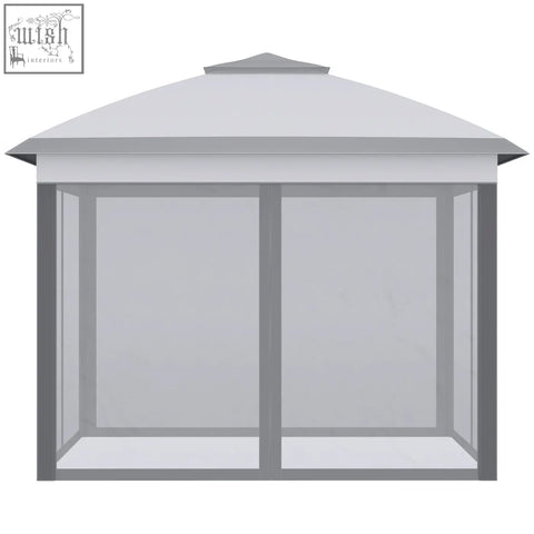 Gray metal outsunny pop up gazebo with peaked roof, transparent panels, carry bag included, and 12x ground stakes