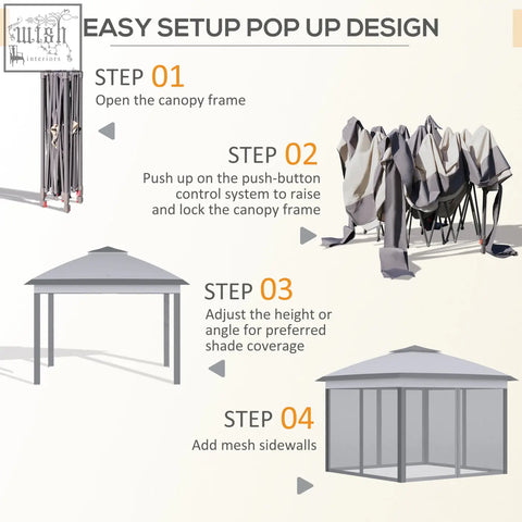 Gray outsunny 3.3x3.3m pop up gazebo with double roof, zipped mesh sidewalls, height adjustable frame, and carry bag included