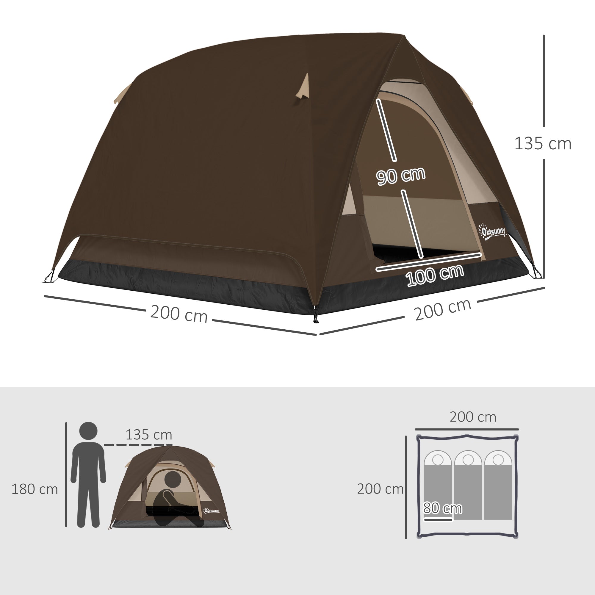 Brown and black dome tent with mesh windows ensure ventilation for 3-4 person camping by Outsunny