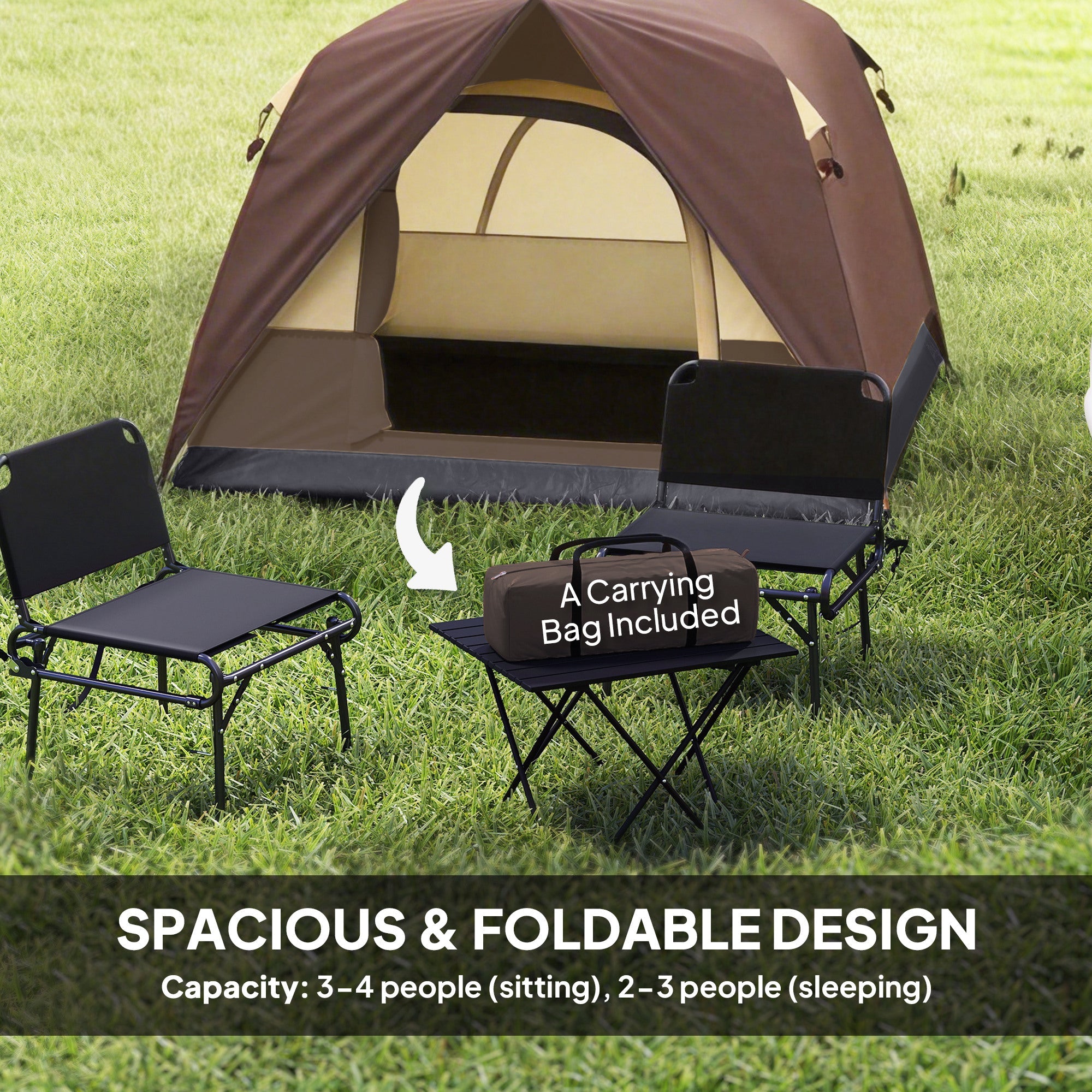 Brown and beige outsunny dome tent with mesh windows ensure ventilation includes black chairs and carrying bag for camping