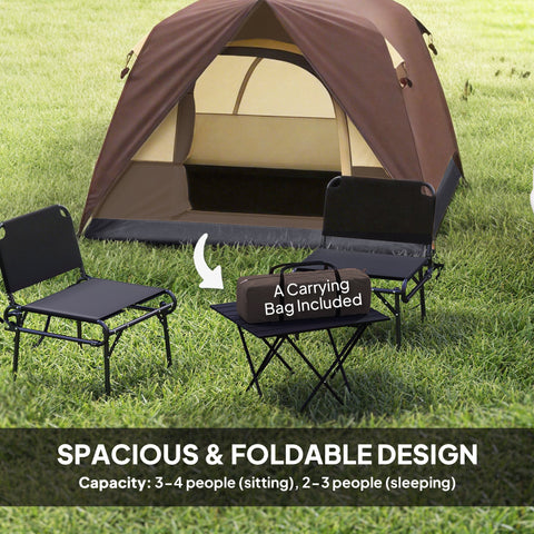 Brown and beige outsunny dome tent with mesh windows ensure ventilation includes black chairs and carrying bag for camping