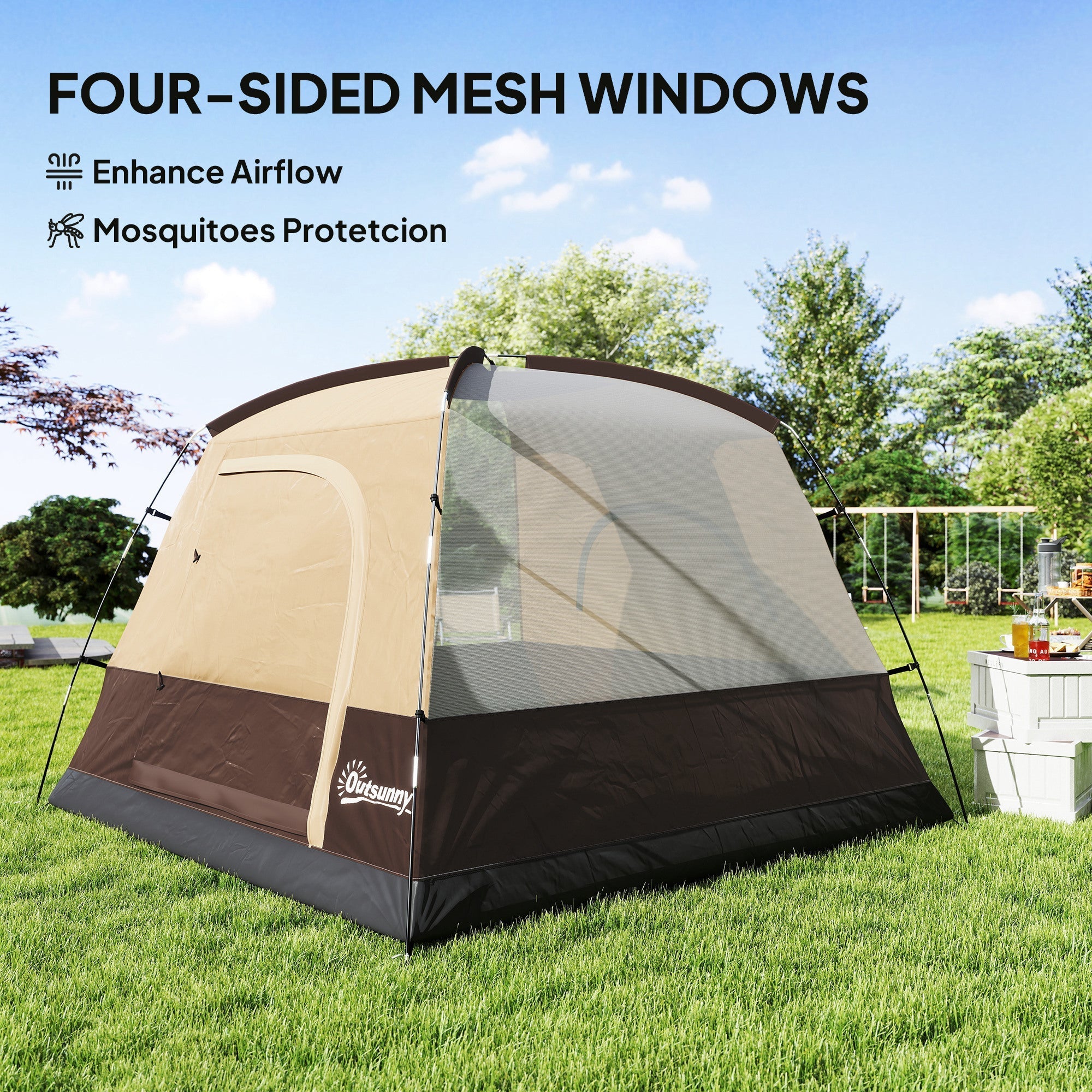 Beige and brown outsunny dome tent with mesh windows ensure airflow and mosquito protection for 3-4 people camping