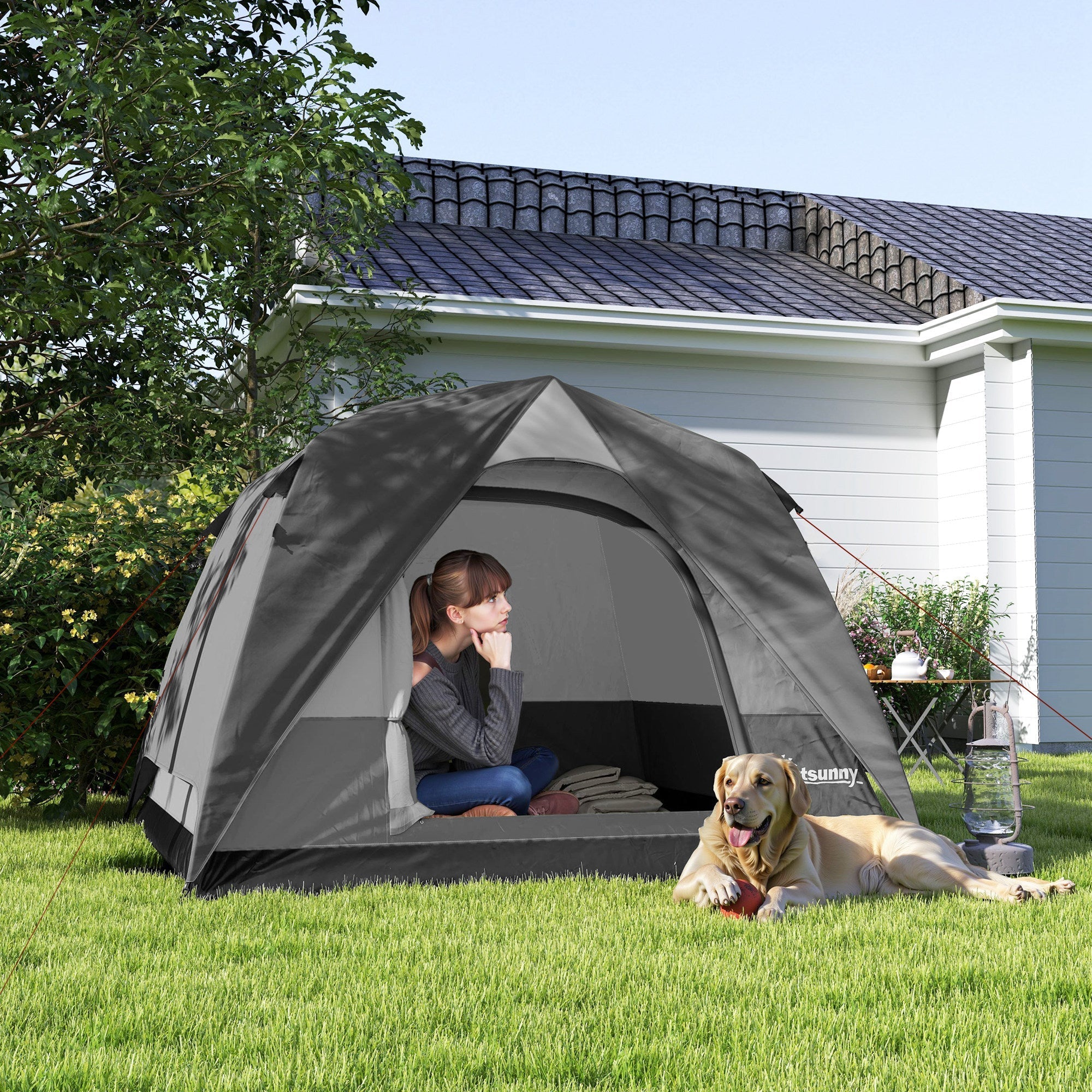 Gray dome tent by tsunny with mesh windows and sewn-in groundsheet for easy setup camping use
