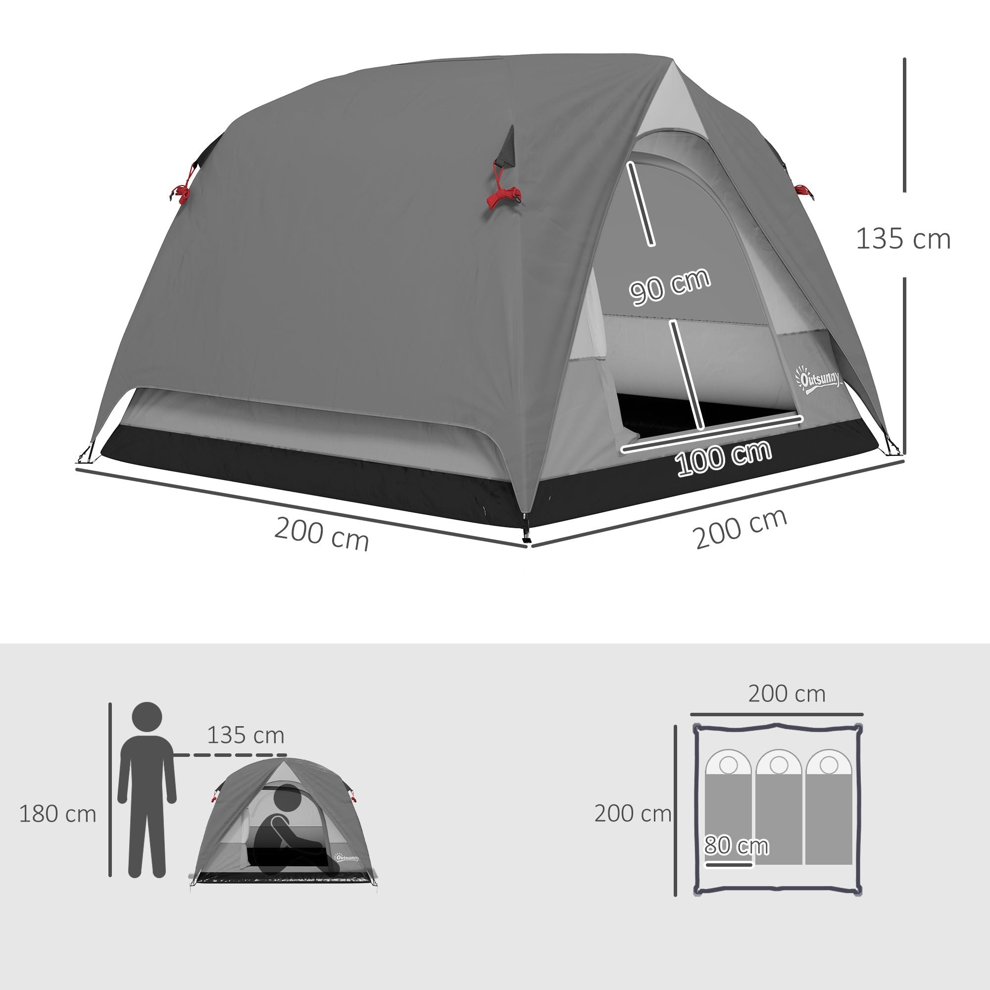 Gray and black outsunny dome tent with waterproof fabric and red toggles featuring mesh windows ensure ventilation