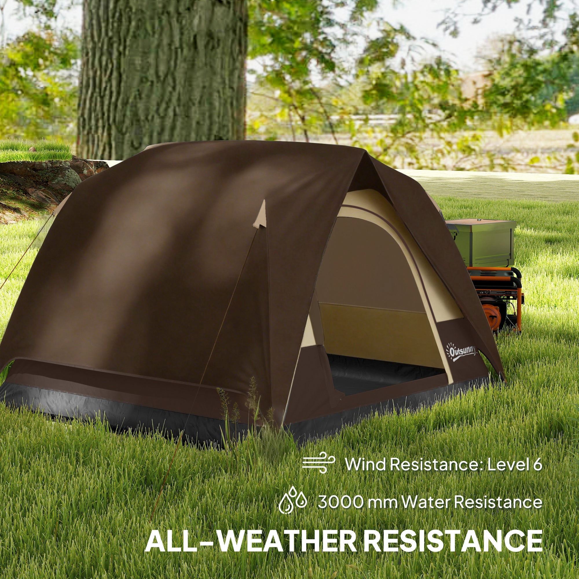 Brown and beige two tone dome tent with black base and outsunny logo featuring mesh windows ensure ventilation