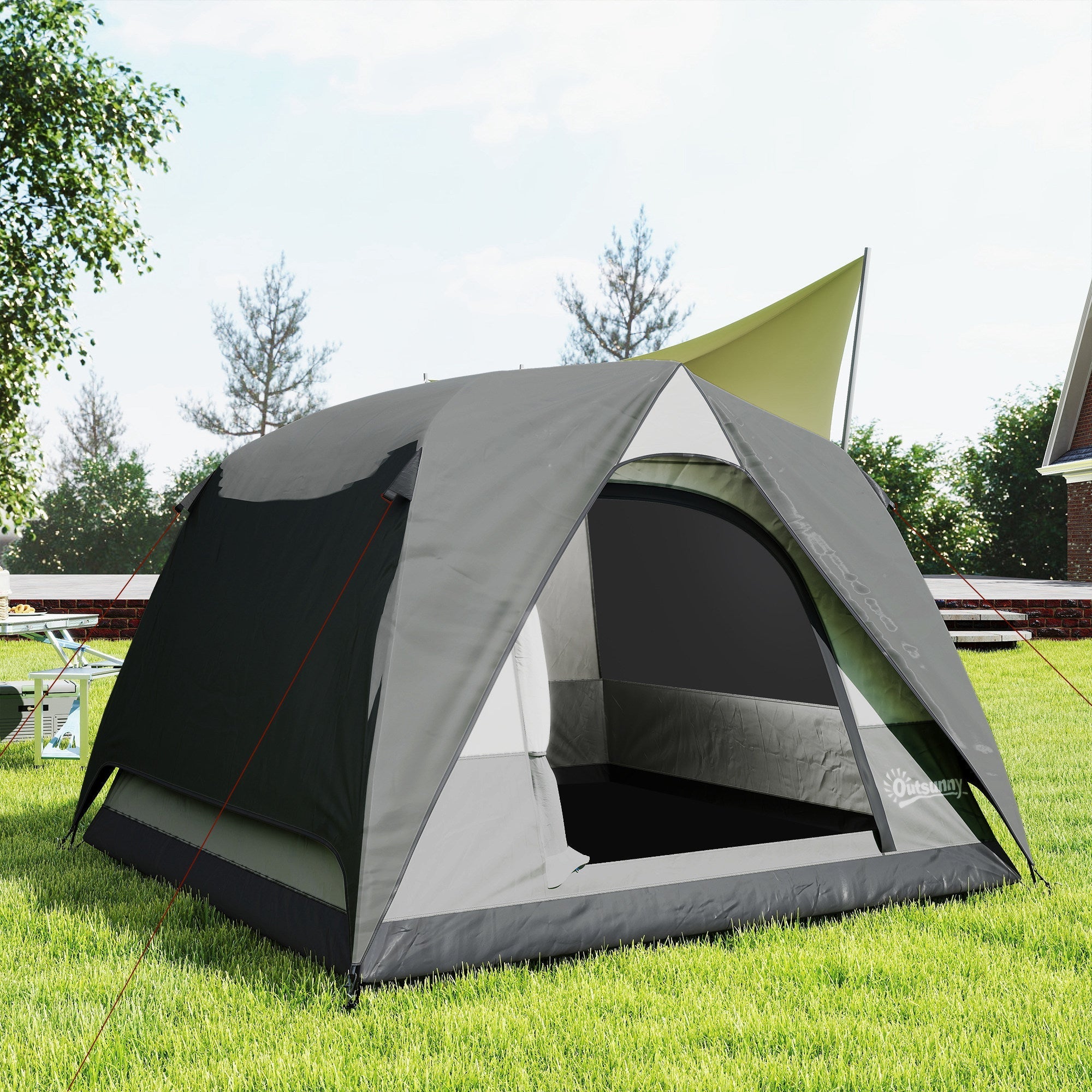 Outsunny gray and black dome tent with yellow awning features mesh windows ensure ventilation and waterproof design
