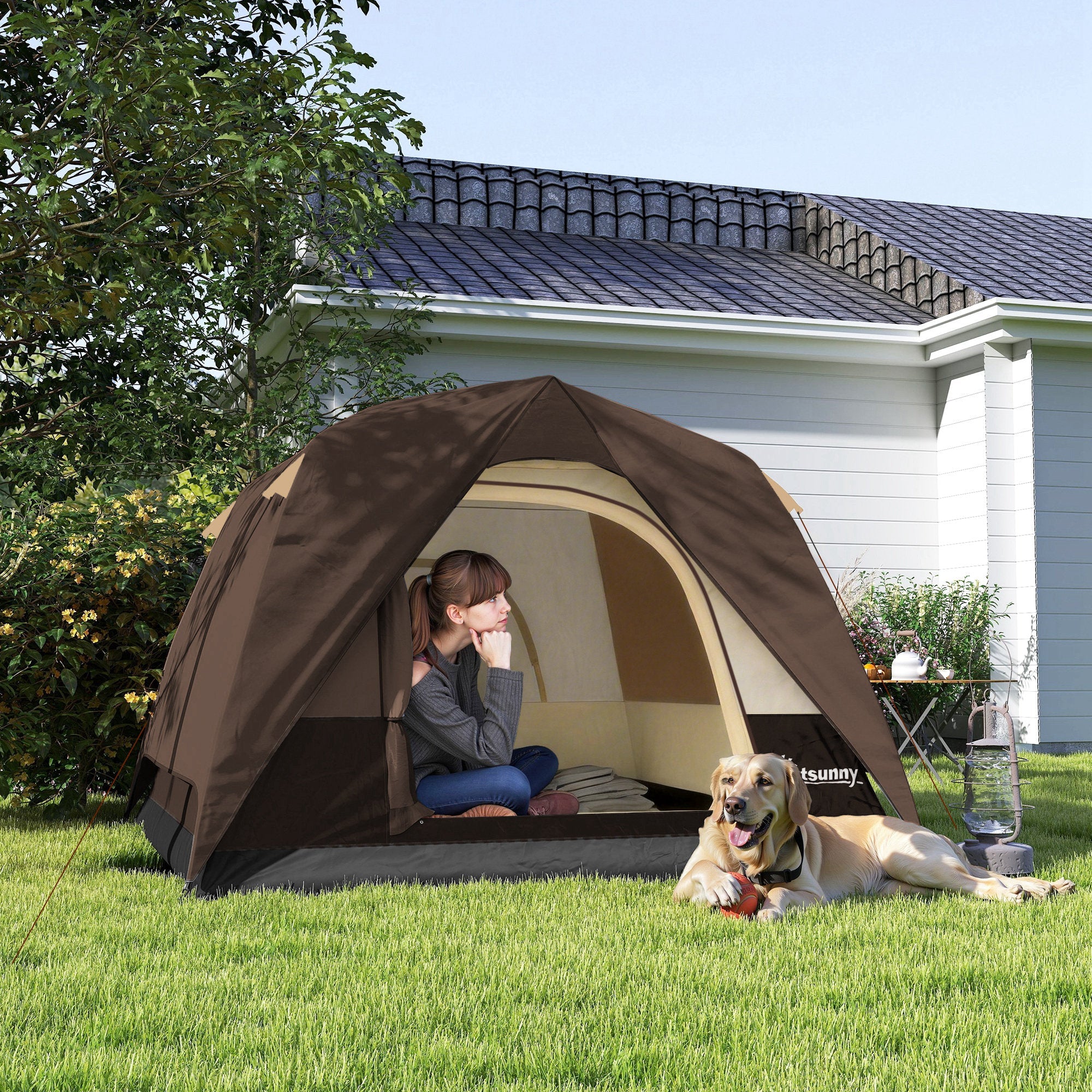 Brown and beige outsunny dome tent for 2 people with mesh windows ensure ventilation and sewn-in groundsheet