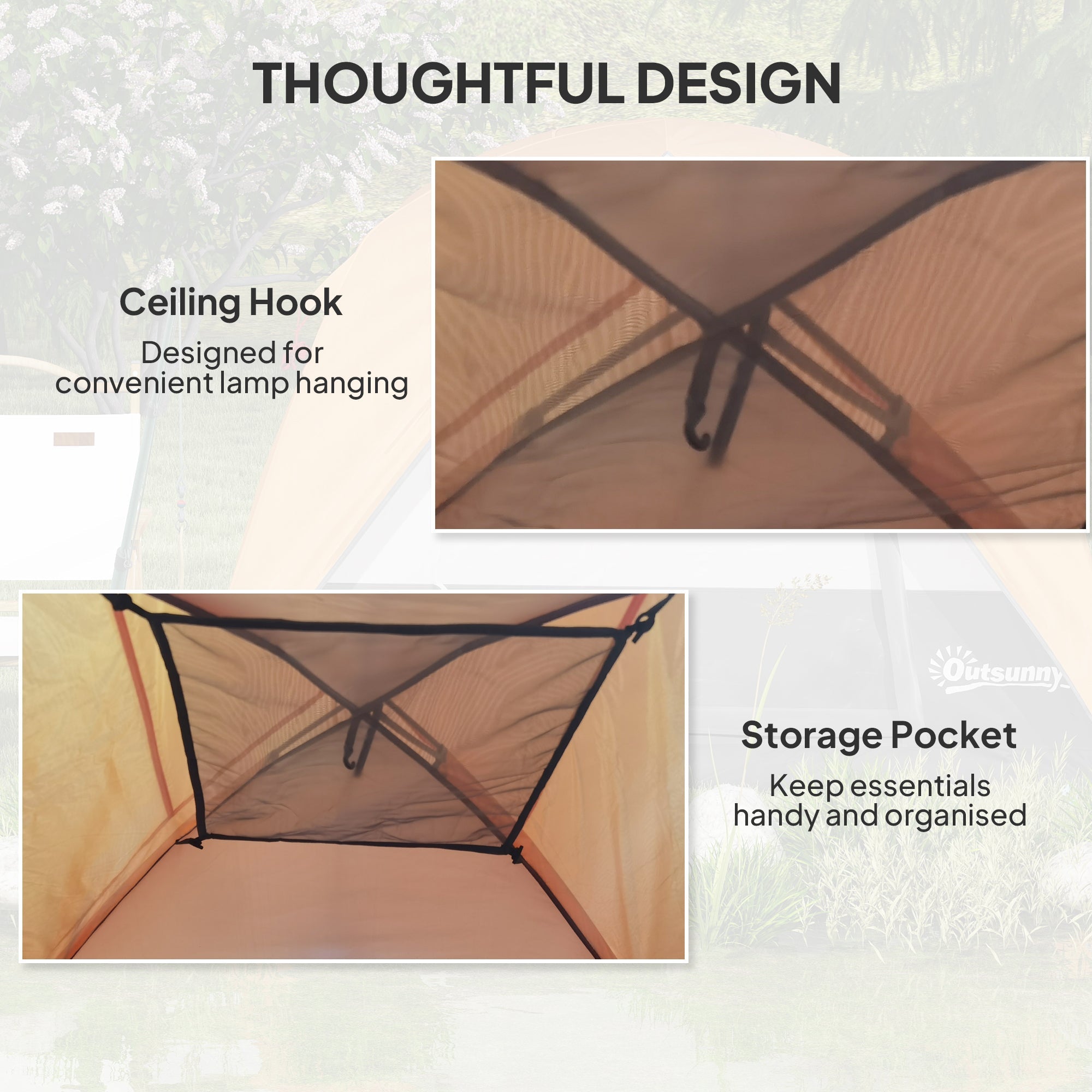 Tan mesh dome tent interior with black ceiling hook and storage pocket features mesh windows for ventilation