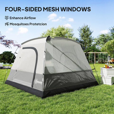 Gray and black dome tent with sewn-in groundsheet and mesh windows ensure ventilation for camping fun outdoors