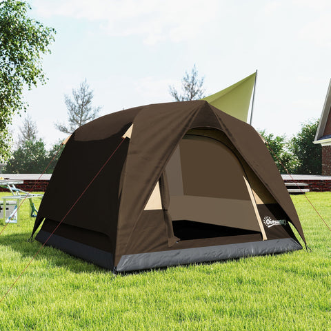 Brown and beige outsunny dome tent with dark gray base set up on grass featuring mesh windows for ventilation