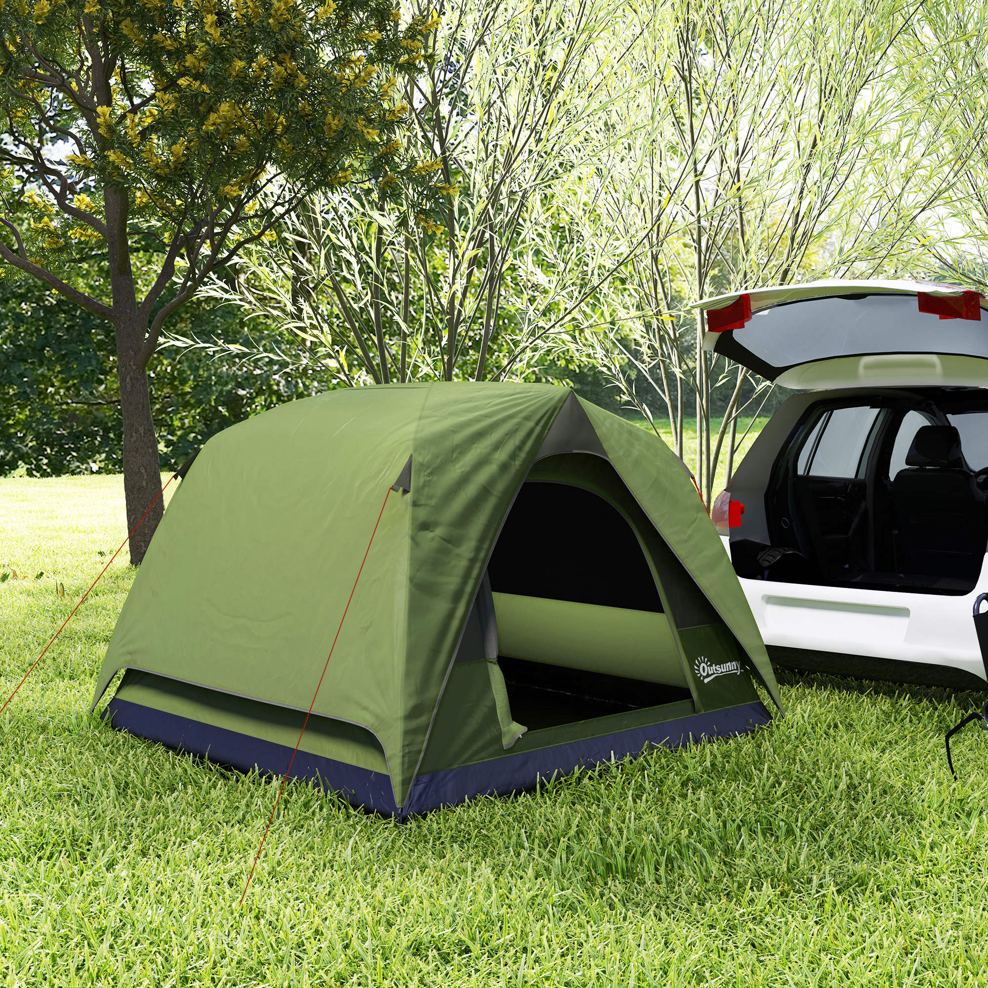 Outsunny olive green and navy blue dome tent with mesh windows ensure ventilation and easy setup for camping and hiking