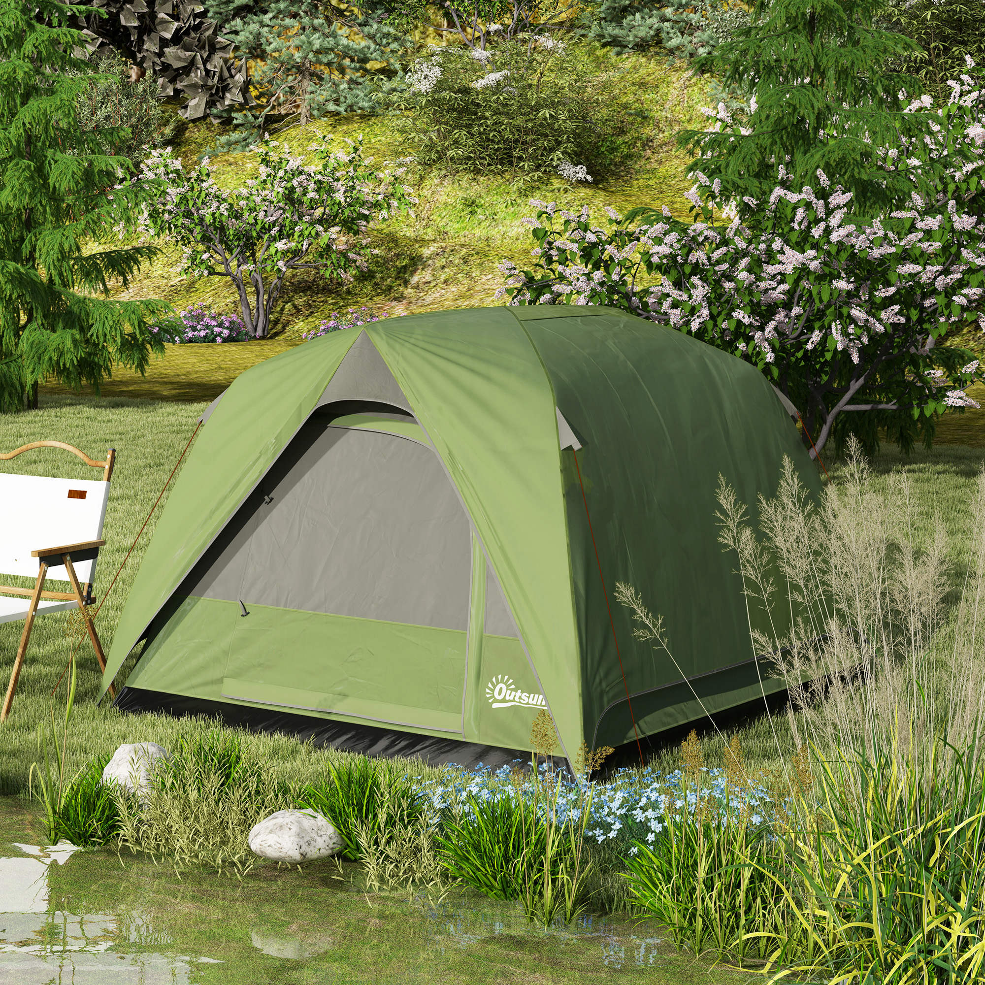 Outsunny olive green and gray dome tent with mesh windows ensure ventilation and easy setup for camping outdoors