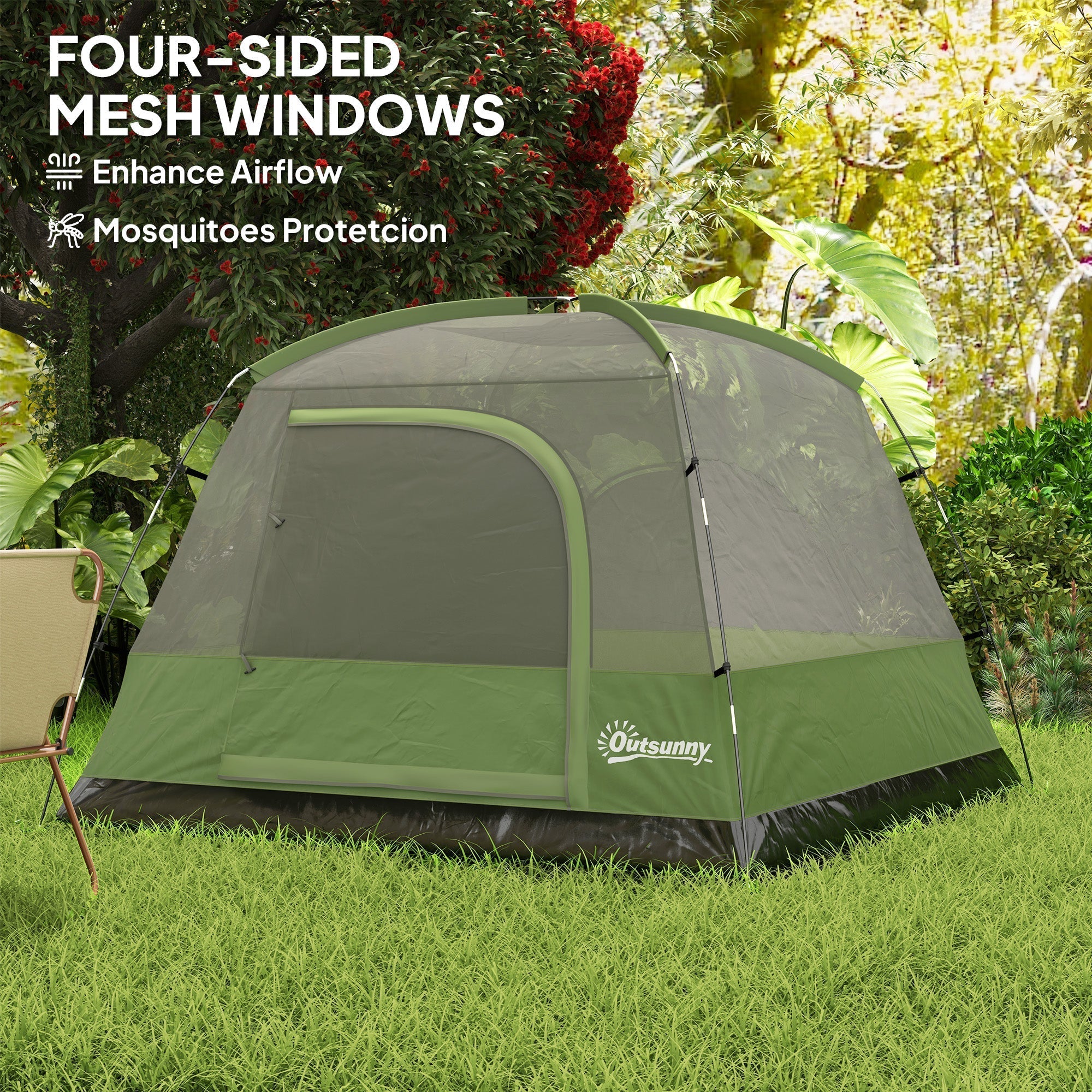 Green and gray outsunny dome tent with four-sided mesh windows ensure ventilation for camping hiking and backpacking