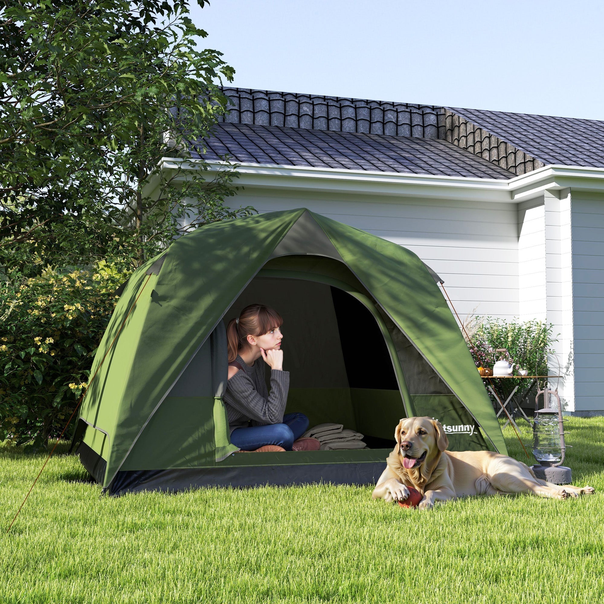Olive green dome tent with dark gray trim and mesh windows ensure ventilation perfect for camping and hiking