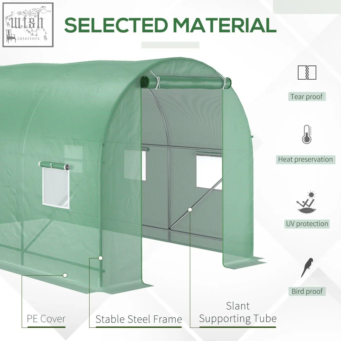 Green outsunny polytunnel greenhouse with steel frame large roll-up door and stable slant supporting tubes