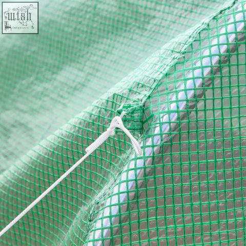 Outsunny green polytunnel greenhouse with steel frame, large roll-up door, white drawstring tie mesh cover