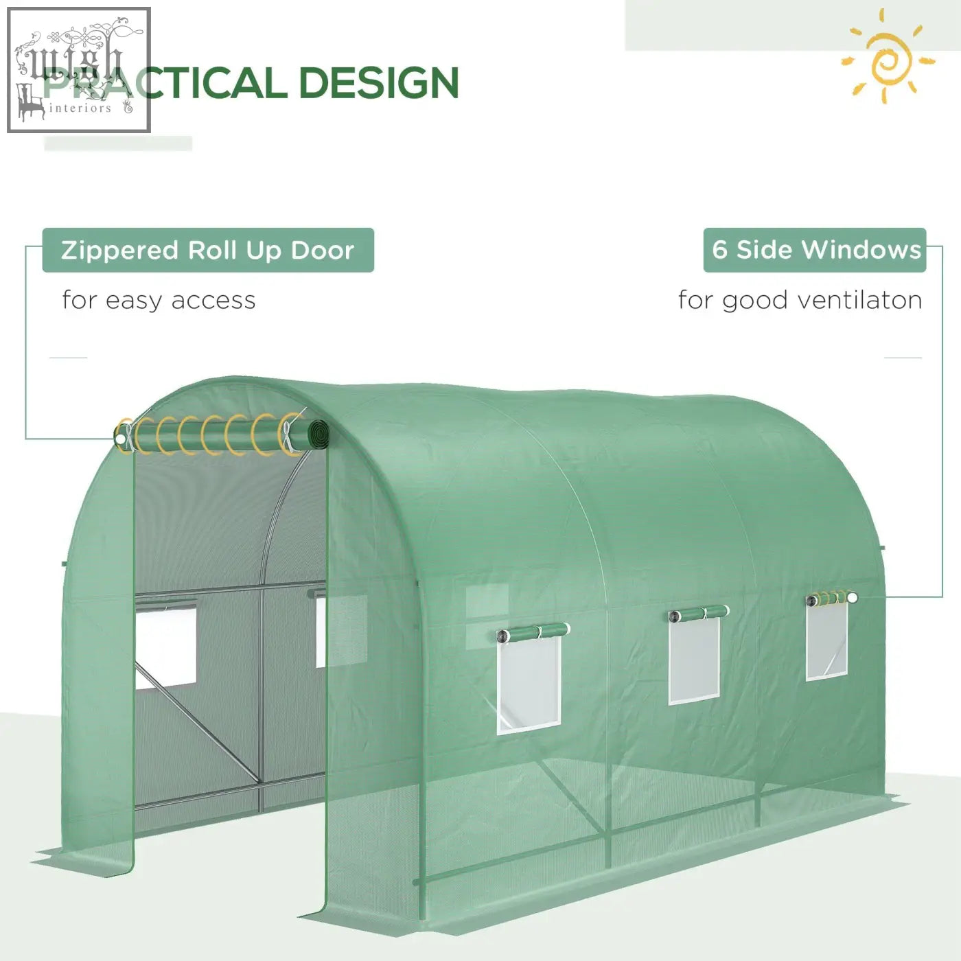 Green polytunnel greenhouse with steel frame large roll-up door and six side windows for easy ventilation