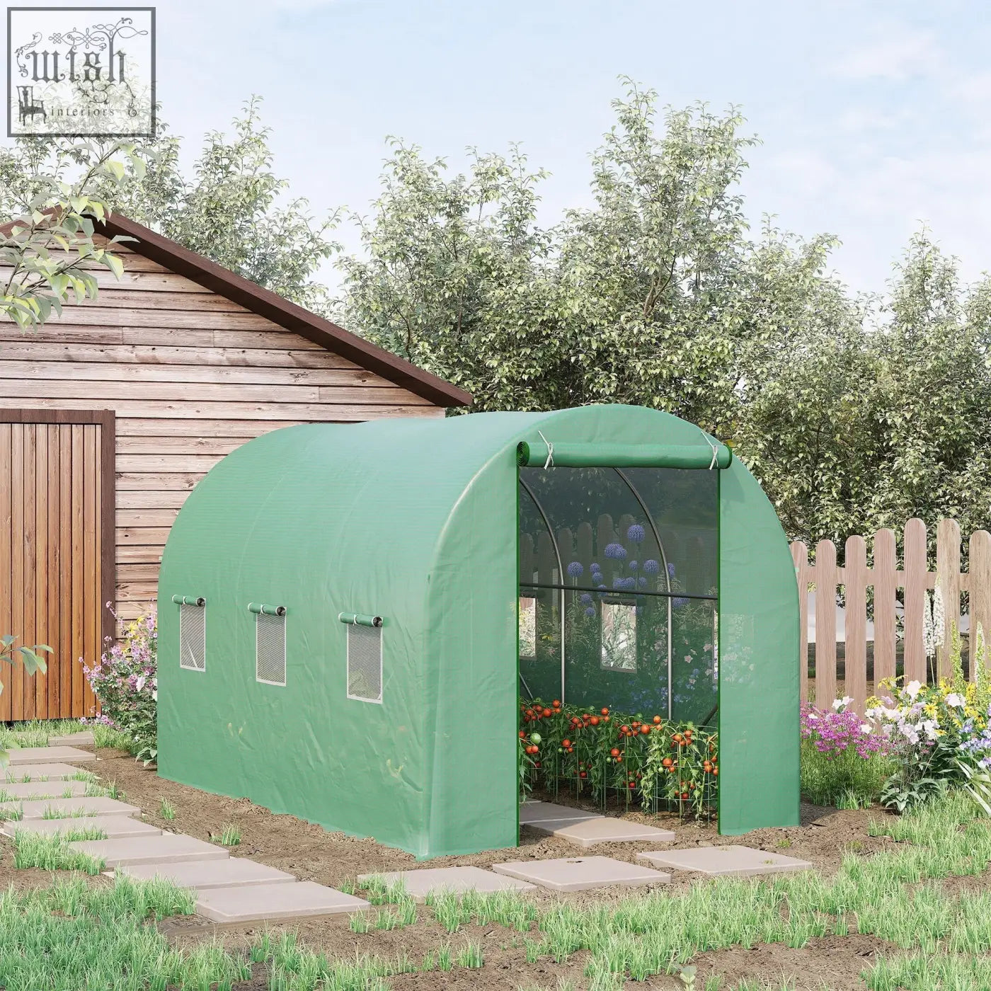Green arched polytunnel greenhouse with steel frame, large roll-up door, and small square windows for gardening use