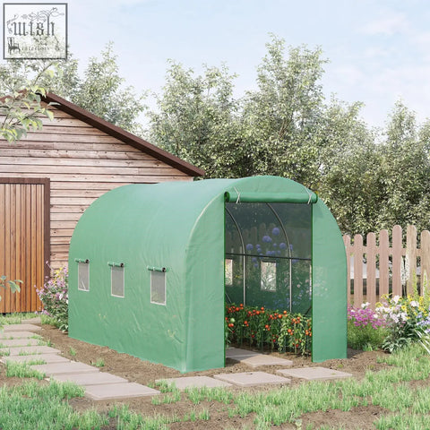 Green arched polytunnel greenhouse with steel frame, large roll-up door, and small square windows for gardening use