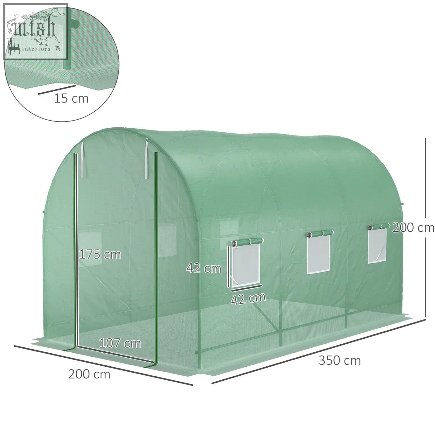 Outsunny green polytunnel greenhouse with steel frame, arched roof, large roll-up door, and three roll-up windows