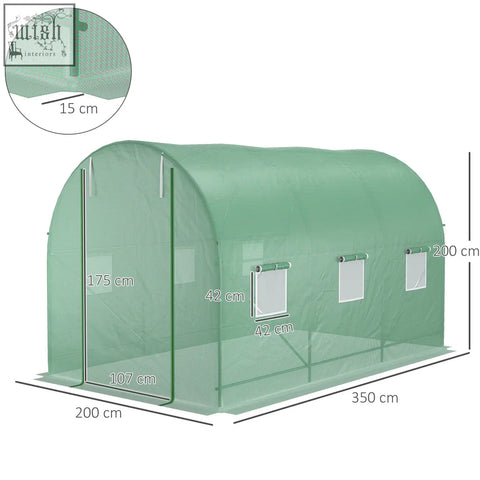 Outsunny green polytunnel greenhouse with steel frame, arched roof, large roll-up door, and three roll-up windows